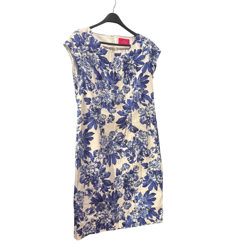 Together Blue White Floral Cotton Sheath Dress Womens Size 14 Sleeveless Knee